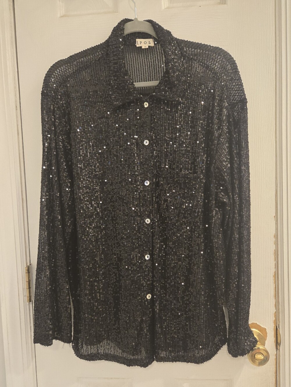 POL NWOT Womens Black Sheer Sequin Botton Down Top Small
